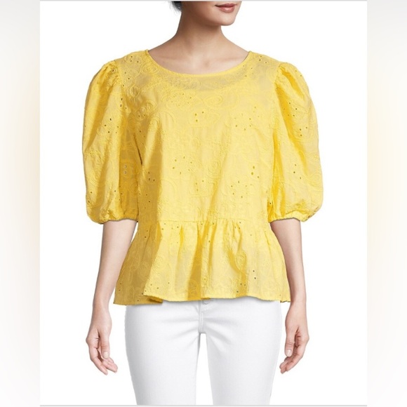 NANETTE Nanette Lepore yellow Puff Sleeve eyelet lace‎ Peplum Top blouse size XS - Picture 1 of 3